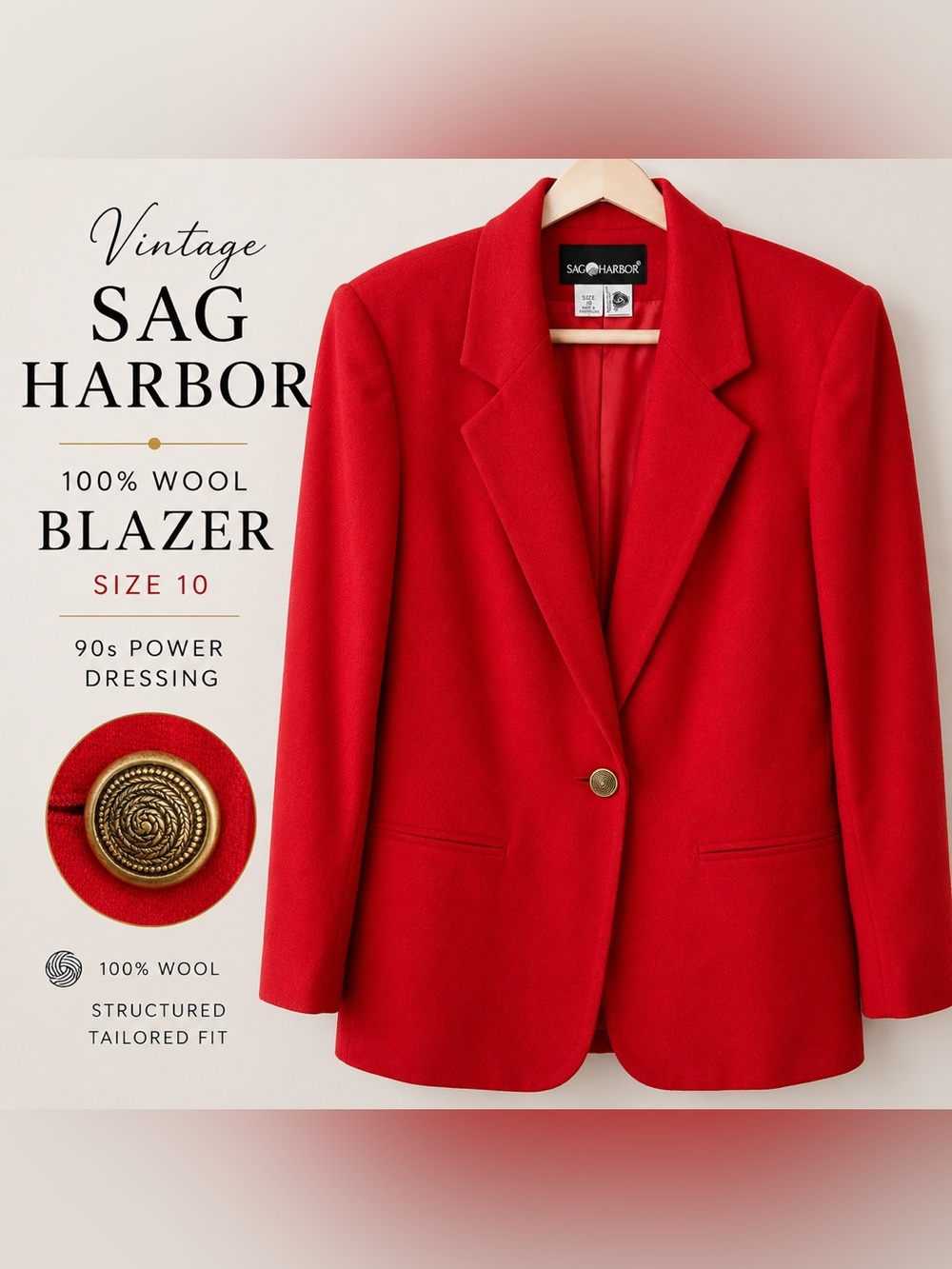 Vintage Sag Harbor 100% Wool Red Blazer Gold Button 90s PowerJacket &bonus skirt
